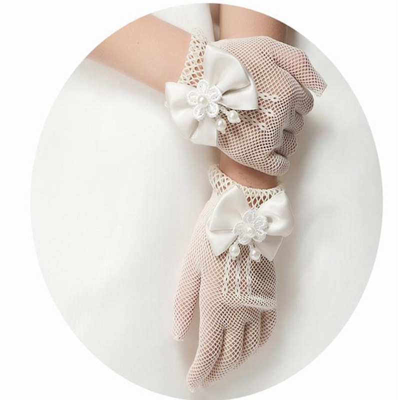 1 Pair Girls Kids White Lace Faux Pearl Fishnet Gloves Communion Flower Girl Bride Wedding Party Accessories