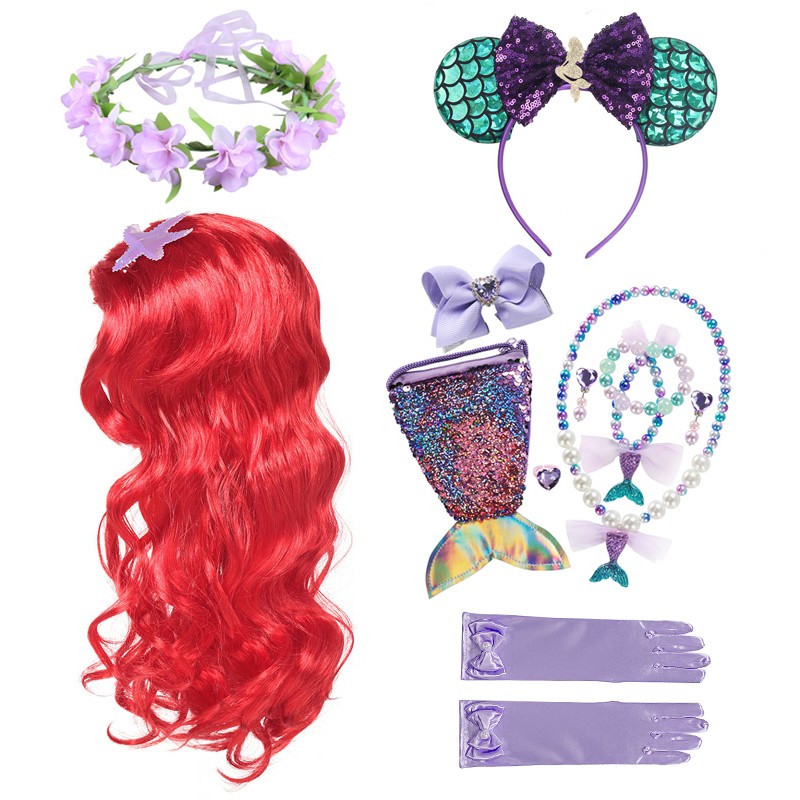 Girls Mermaid Wig Garland Accessory For Cosplay Dress Princess Gloves Crown Wand Bracelet Neacklace Earrings Bag Set Accessories