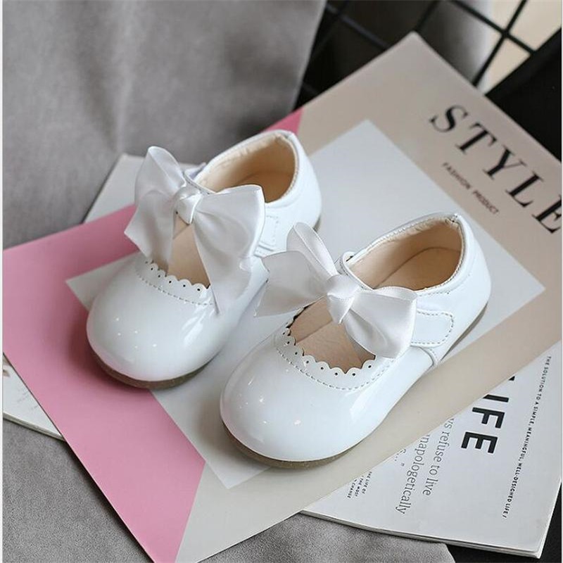 Newest Spring Autumn Baby Girls Fashion Patent Leather Big Bow Princess Mary Janes Party Shoes Solid Color Student Flat Shoes