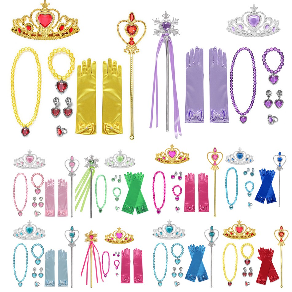 Frozen Cinderella Anna Princess Accessories Girls Fancy Dress Gloves Bowknot Wand Crown Bracelet Neacklace JYF