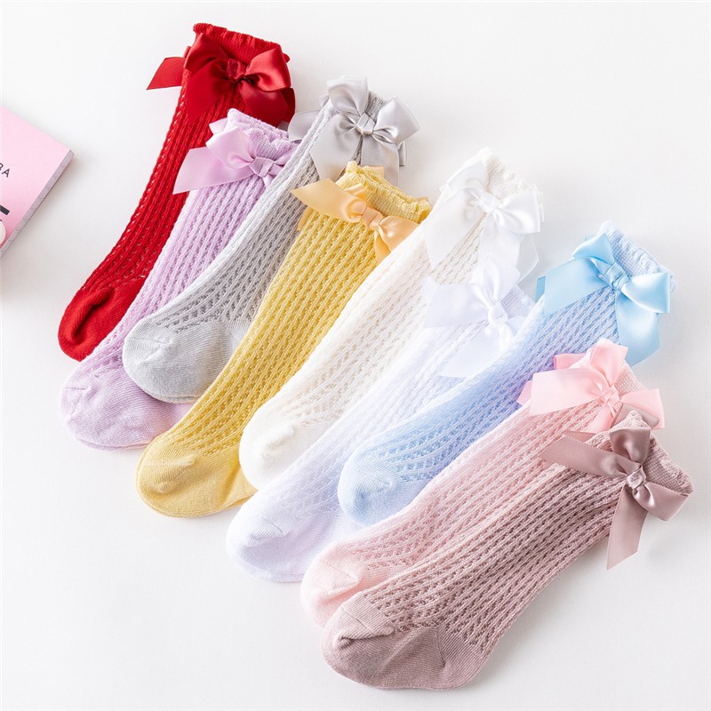 Newborn Baby Girls Solid Bow-knot Socks Breathable Mesh Cotton Knee High Leg Warmer Summer Infant Baby Soft Socks Clothes