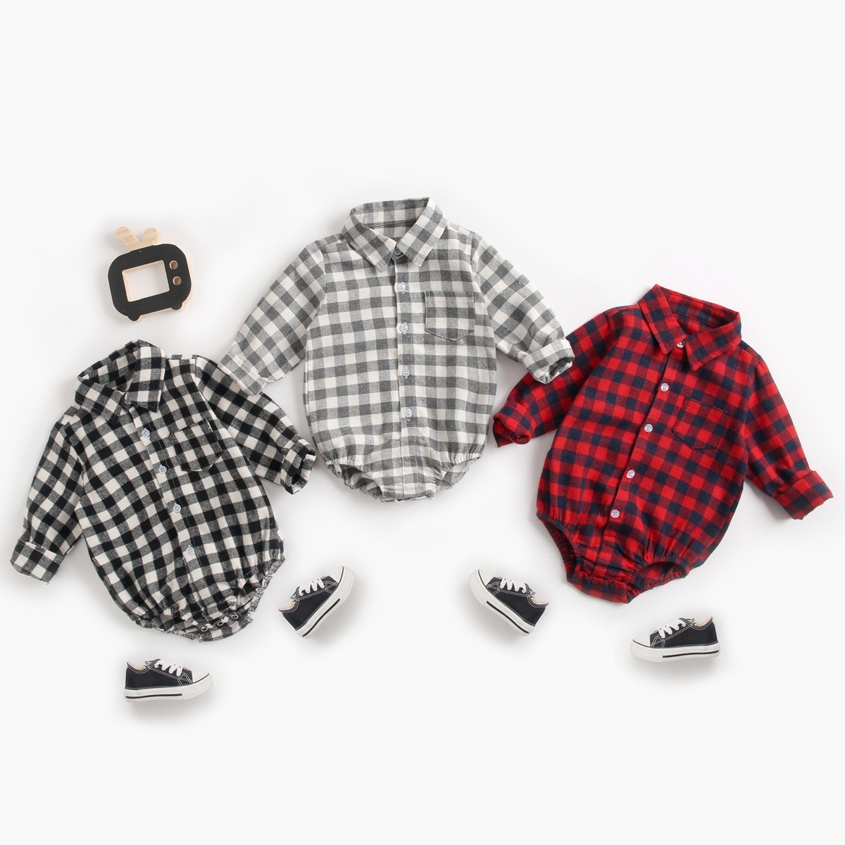 2022 Newborn Plaid Long Sleeve Baby Shirt Spring Autumn Turn-down Collar Front Pocket Shirt Baby Bodysuit Shirt