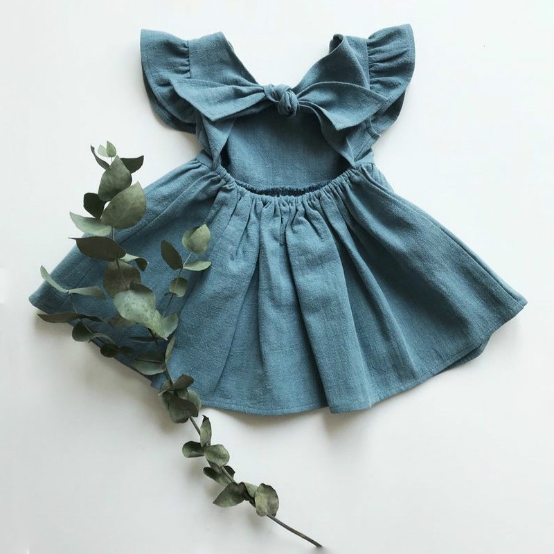 New Baby Girls Dress Bow Cotton Fly Sleeve Ruffles Lace Summer Pure Color Children Princess Skirt Kids Clothes