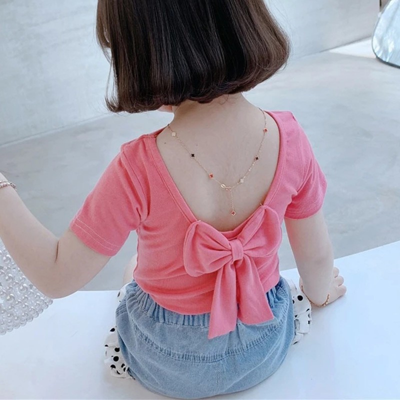 Children T-shirt for Girls Clothes Short Sleeve Back Bow-knot Baby Shirt Cotton 2022 Summer Solid Kids Clothes