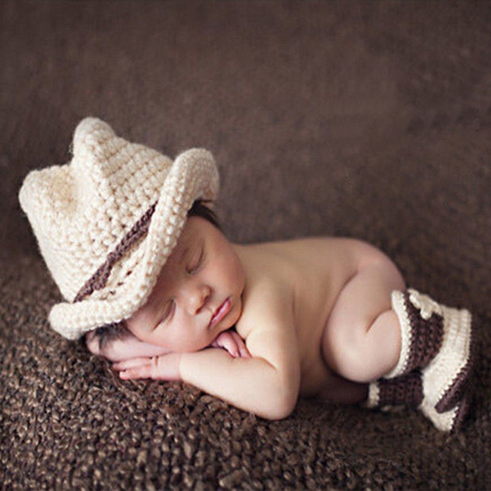 Newborn Baby Cute Cowboy Crochet Knit Costume Prop Outfits Photo Photography Baby Hat Photo Props Outfit