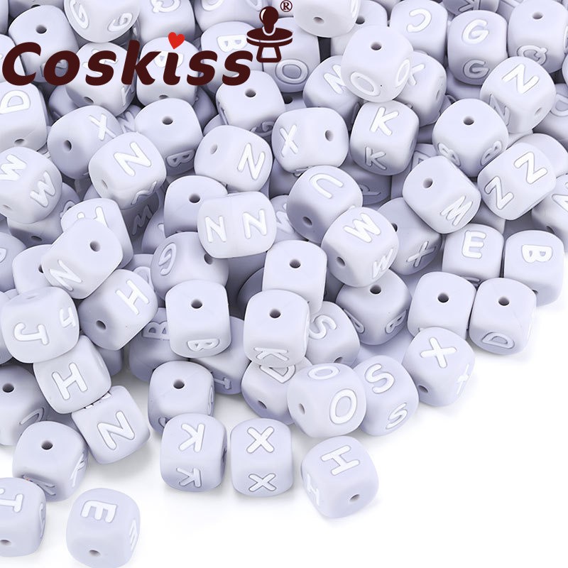 Coskiss 20pcs Baby Teether Beads Gray Silicone Letter Beads Silicone Beads Baby Teething Chew Pendant Beads DIY