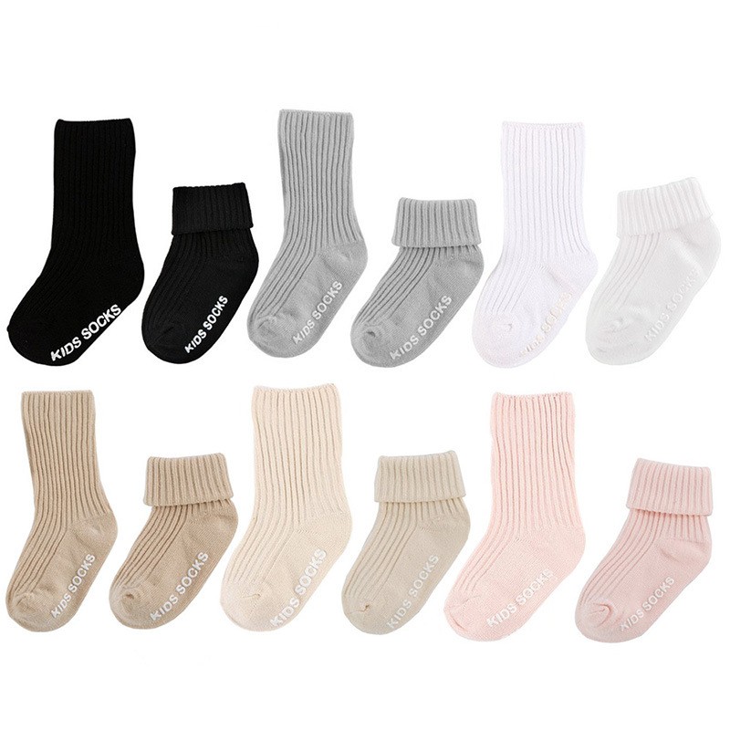 3 Pairs Baby Boys Socks Solid Color Kids Spring Autumn Cotton Breathable Keep Warm Floor Anti-slip Baby Girls Socks