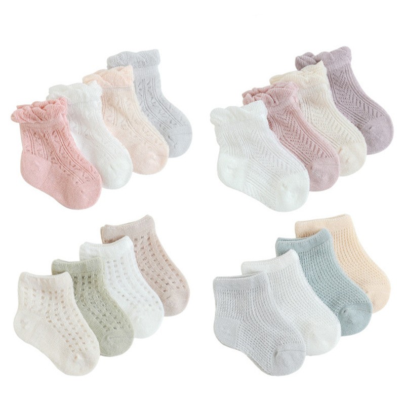 LAUDKA 4pairs/lot Summer Thin Mesh Kids Socks for Girls Cotton Solid Princess Children Sock Casual Clothes Accessories 2021 New