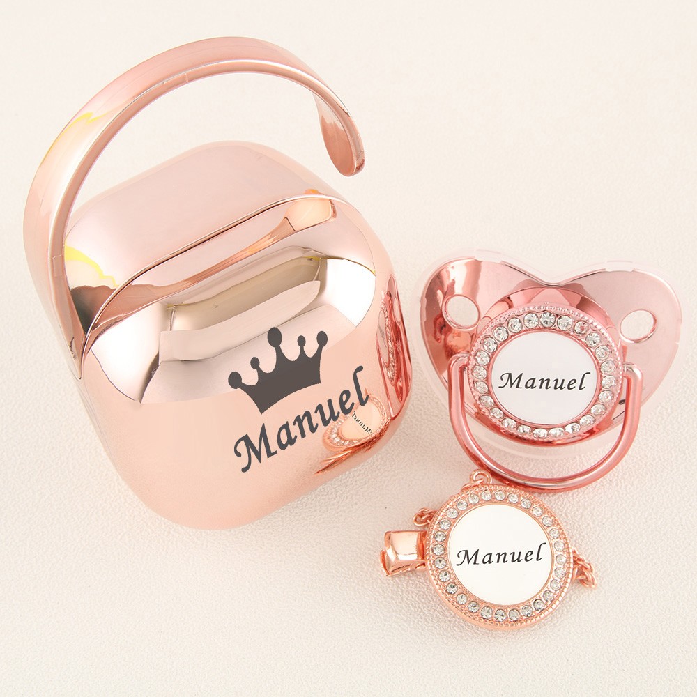 Luxury Personalized Any Name Rose Gold Bling Baby Pacifier And Clips Pacifier Box Set BPA Free Doll Soother Unique Shower Gift