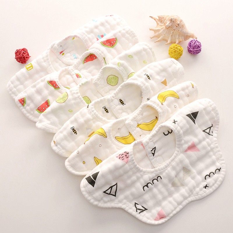 2Pcs 360 Degrees Rotating 8 Layer Cotton Infant Baby Bibs Cute Various Printed Waterproof Soft Comfortable Saliva Towel Baby Bib