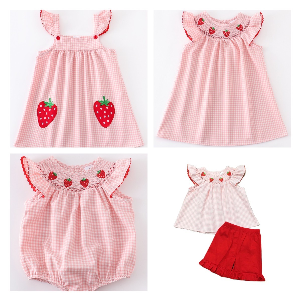 Girlymax Brothers Spring/Summer Baby Girls Strawberry Plaid Gingham Shorts Set Smocked Romper Kids Clothes