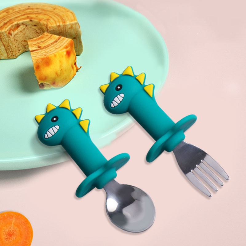 Baby Feeding Spoon Fork Set Silicone Handle Cartoon Dinosaur Tableware Infant Heat Resistant Stainless Steel Spoon Head Cutlery