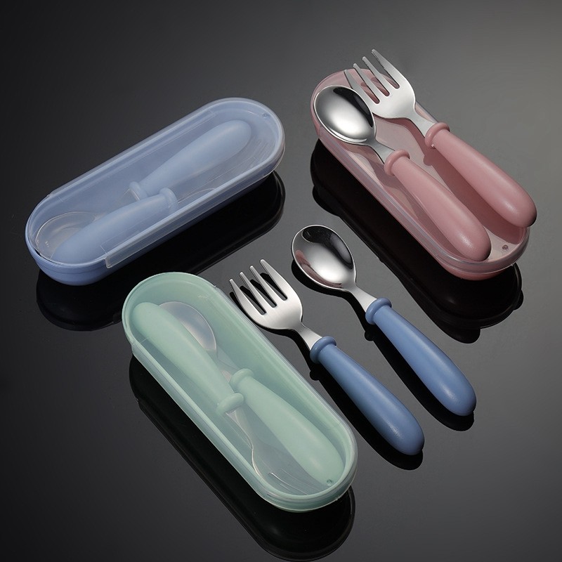 Stainless steel children fork spoon set baby learning short handle utensils cute baby training tableware infant feeding knives