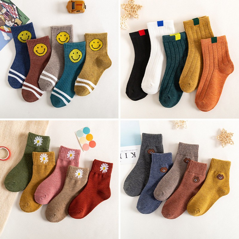 Autumn Winter Cotton Thicken Socks For Kids Cute Cartoon Happy Boy Striped Socks 5 Pairs Infant Baby Girls Socks 1-12 Years