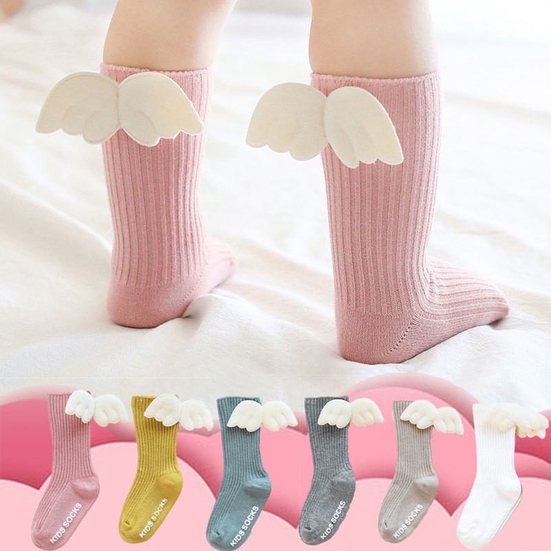 Baby Girls Socks Cute Angel Wings Knee High Socks Princess White Non-slip Socks For 0-3 Years Newborn Baby Socks