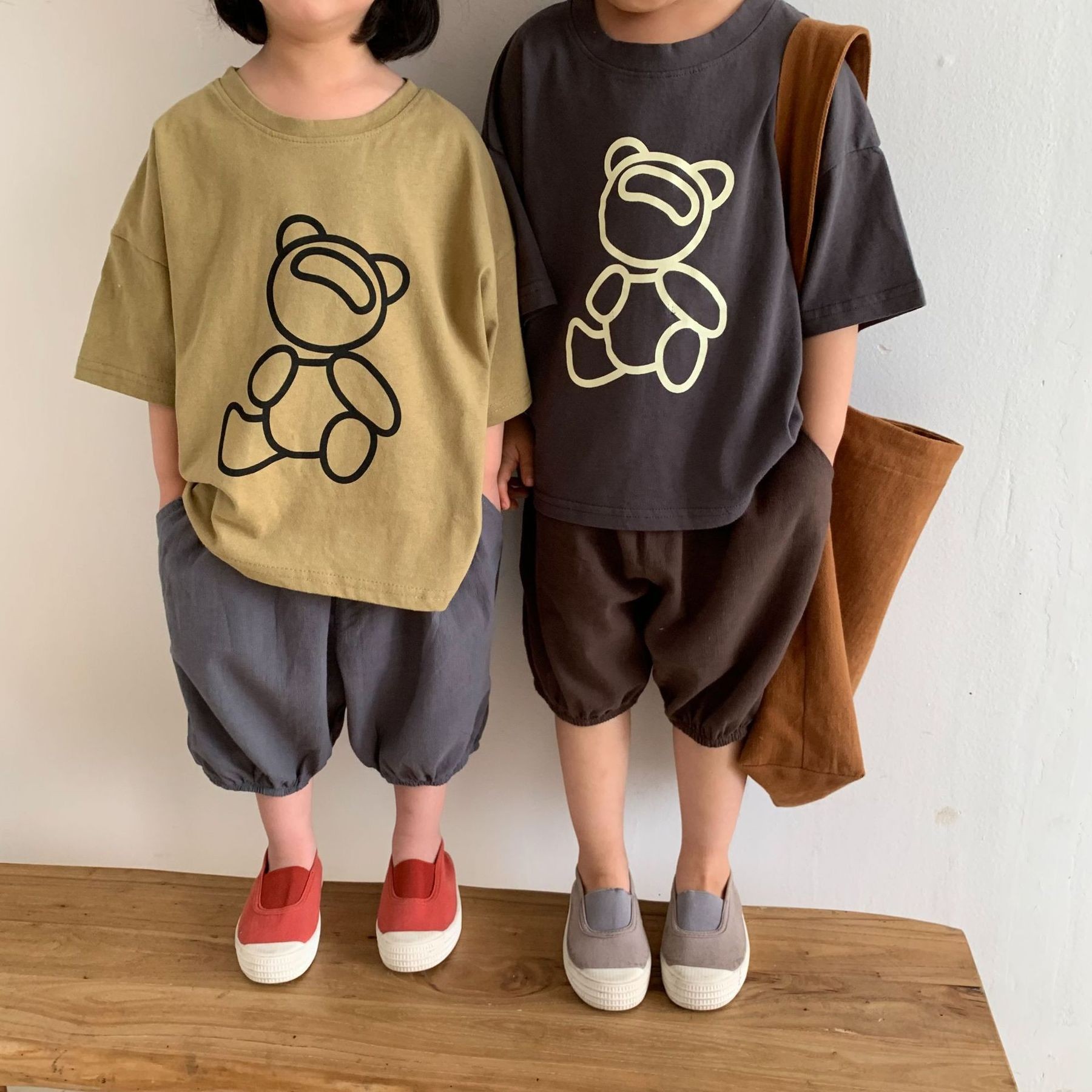 2022 Cartoon Summer T-shirt Children Unisex Short Sleeve Korean Kids Cute Bear Print Cotton Casual Tops Boys Clothes T-shirt