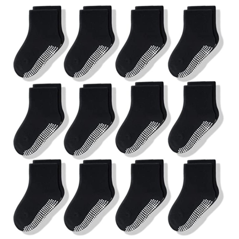 12Pairs/Lot Non-Slip Baby Socks with Grip for Boys Girls Baby Toddler Kids Anti-Slip Cotton Crew Socks 1-7Years