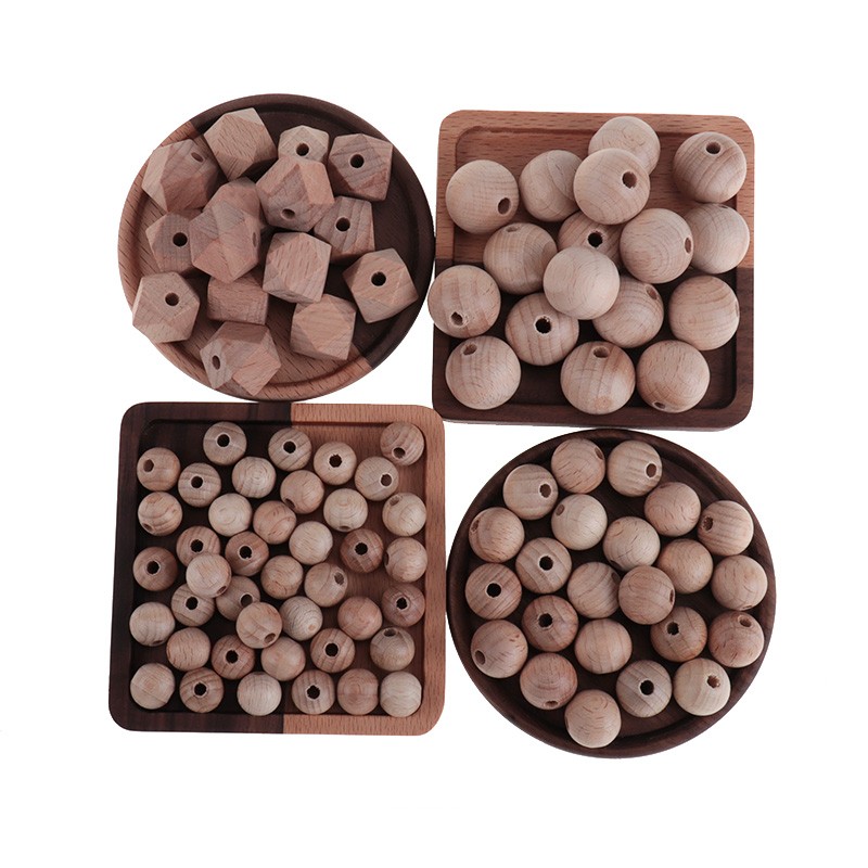 30pcs Natural Beech Wood Round Loose Beads Hexagonal Round Bracelet Necklace Baby Teether Pacifier Chain Accessories Jewelry Making