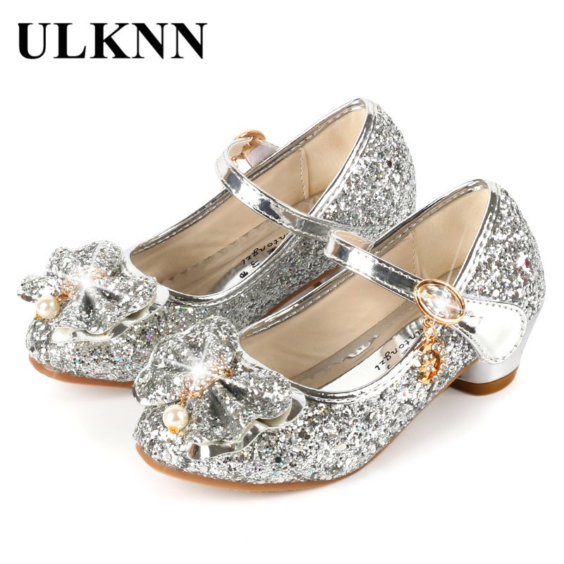 ULKNN-Girls Princess Leather Shoes Casual Floral Sequin High Heel Butterfly Bowknot Shoes Blue Pink Silver