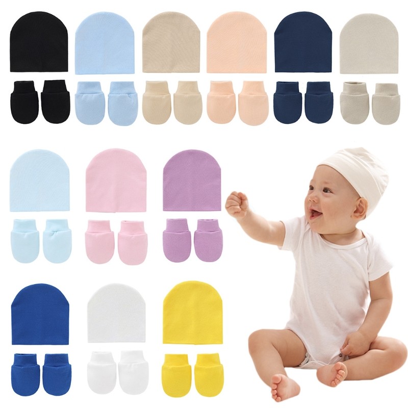 Baby Newborn Face Protection Scratch Gloves Warm Cover Sets Infant Anti-scratch Knitted Cotton Gloves Hat Set