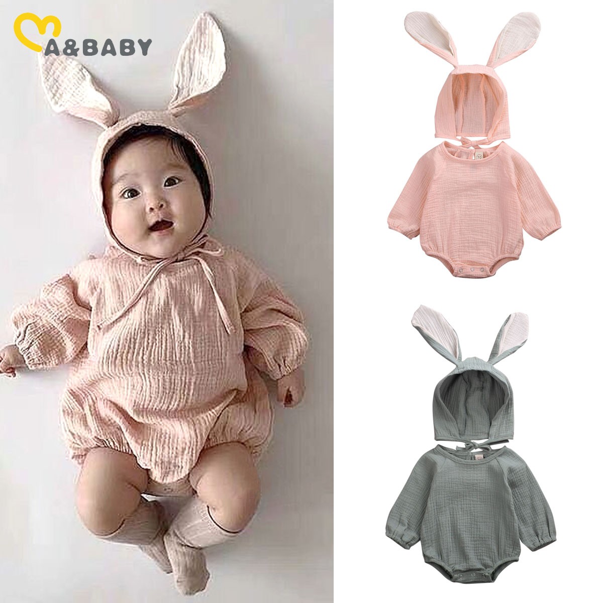 Ma & baby 0-24M Infant Newborn Baby Girls Boys Romper Soft Long Sleeve Jumpsuit Rabbit Ear Hat Outfits Easter Bunny Clothes