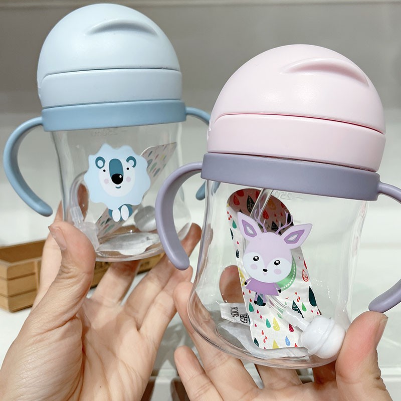 250ml Cartoon Style Outdoor Baby Drinking Bottle With Straw Baby Feeding Cup For Kids Training Portable Handle Water Bottle