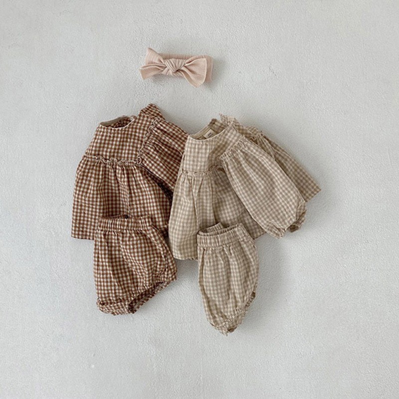 Baby girls clothes set summer spring plaid infant girls clothes set puff sleeve blouse and bloomer 2pcs baby girls suit