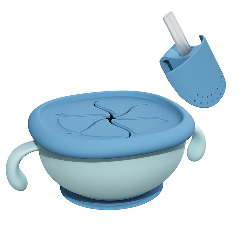 3in1 Baby Feeding/Snack/Soup Bowl with Straw Infant Learning Dishes Bowl Suction Handle Tableware Petal Deep Bowl