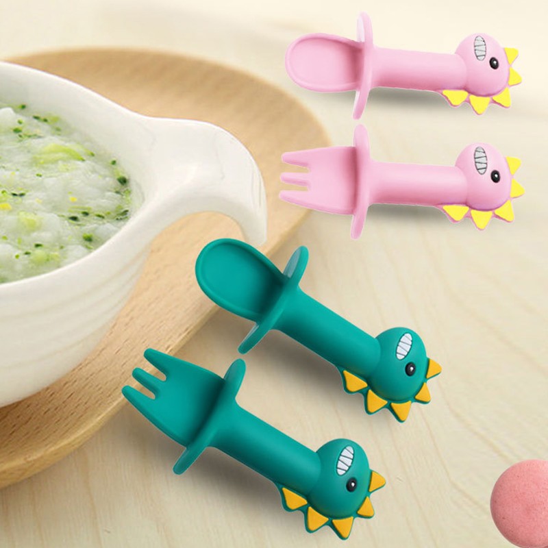 Baby Learn Spoon Fork Set Short Handle Easy Spoon Soft Silicone Utensil Toy Teether Feeding Tableware Dinosaur Spoon Tableware