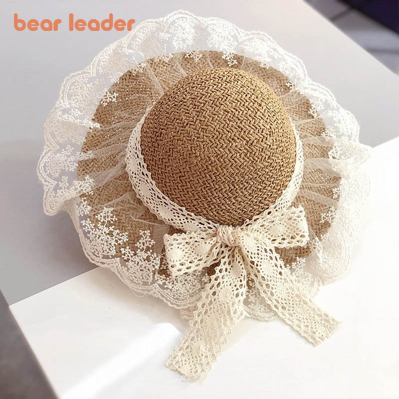 Bear Learner Kids Girls Hats 2022 New Fashion Summer Lace Flowers Caps Breathable Elegant Straw Hat Sunhat Lovely Baby Bonnet