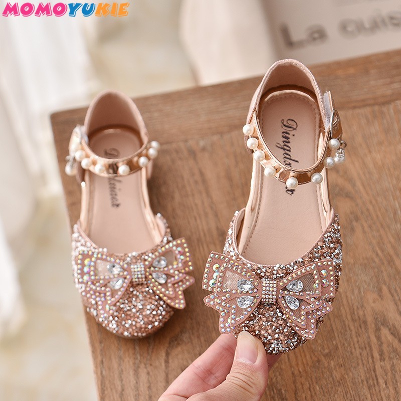 Girls Sequins Lace Bow Kids Shoes Girls Cute Pearl Princess Dance Single Casual Shoes 2021 New Children Party Wedding Shoes