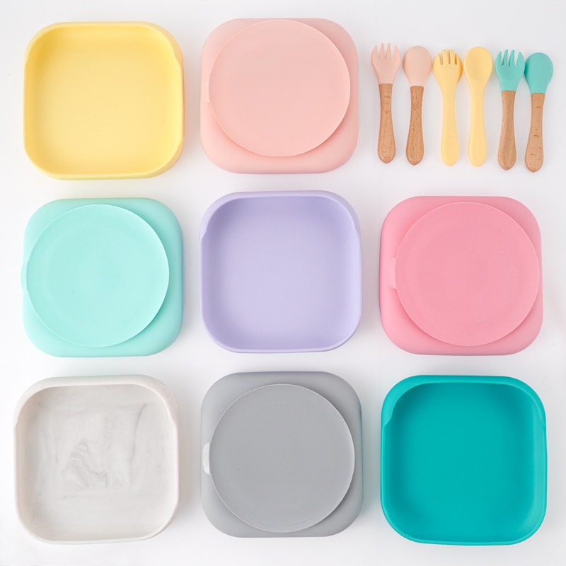 Baby Feeding Silicone Dinner Plate Square Tray With Suction Cup Food Grade Silicone Kids Tableware Waterproof Baby Plate