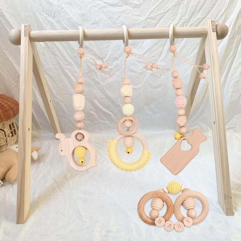 4pcs Baby Stroller Frame Pendants Wooden Ring Beads Teether Stroller Rattle Infant Newborn Nursing Molar Teething Toys Bathing Gifts