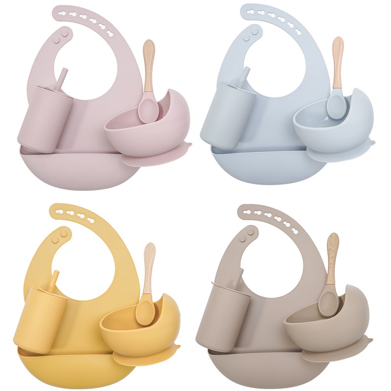 Baby Feeding Bowls Set Non Slip Silicone Bibs BPA Free Chewable Baby Tableware Food Grade Newborn Accessories