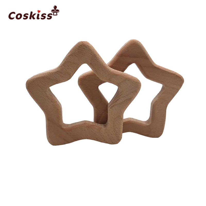 Coskiss 10pcs Handmade Beech Wood Star Teether Teether Silicone DIY Crafts Pendant Chew Pacifier Chain Accessories