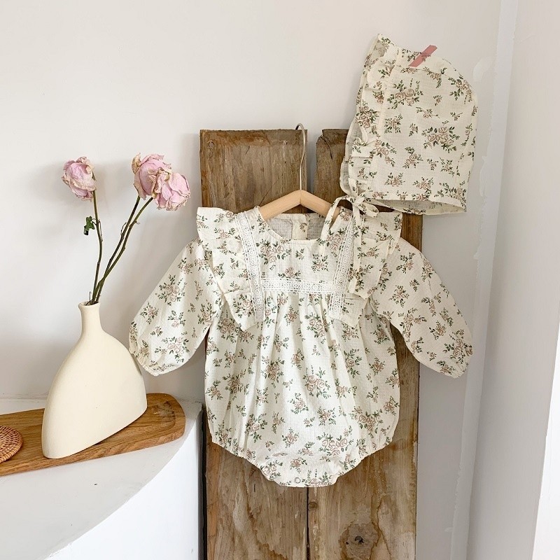 2pcs korean lace ruffle cute baby romper with hat set infant vintage floral long sleeve jumpsuit baby boy girl sweet clothes