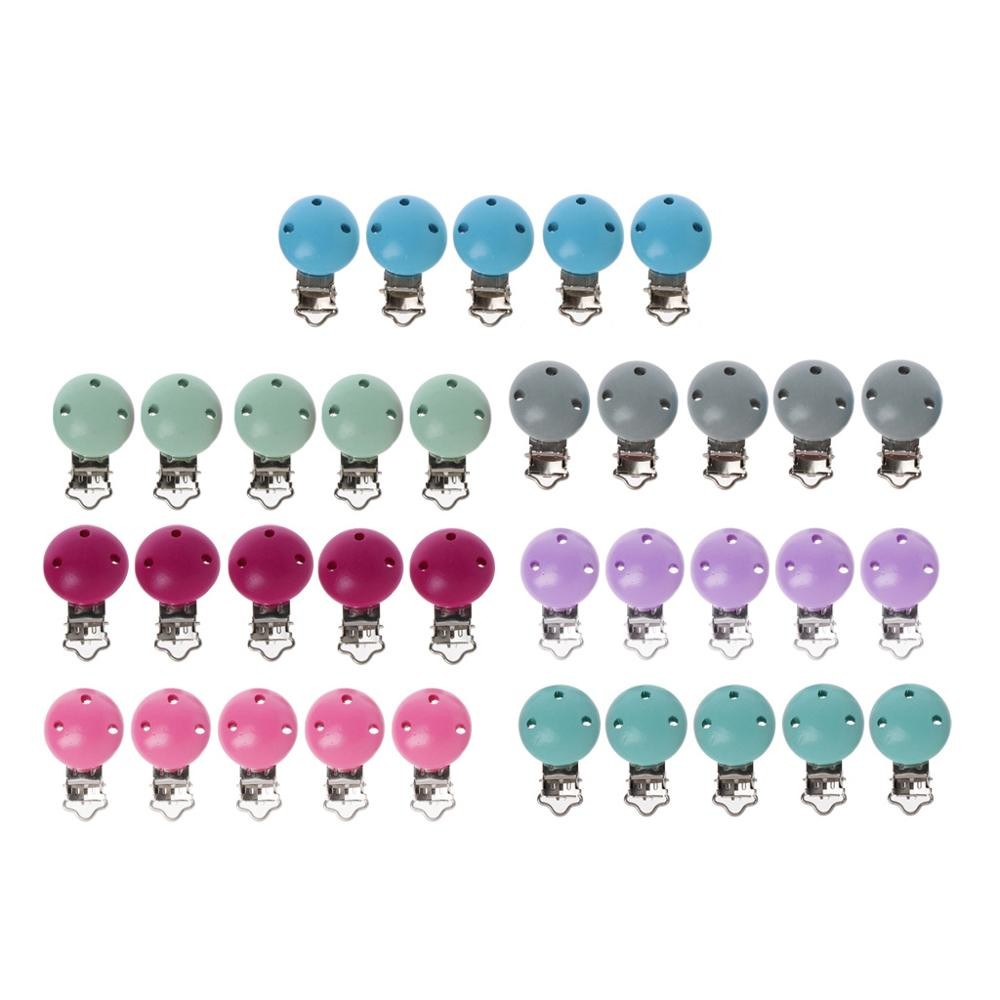 7 Colors 5pcs/lot Metal Wooden Baby Pacifier Clip Solid Color Cute Infant Soother Clamps Holders Accessories