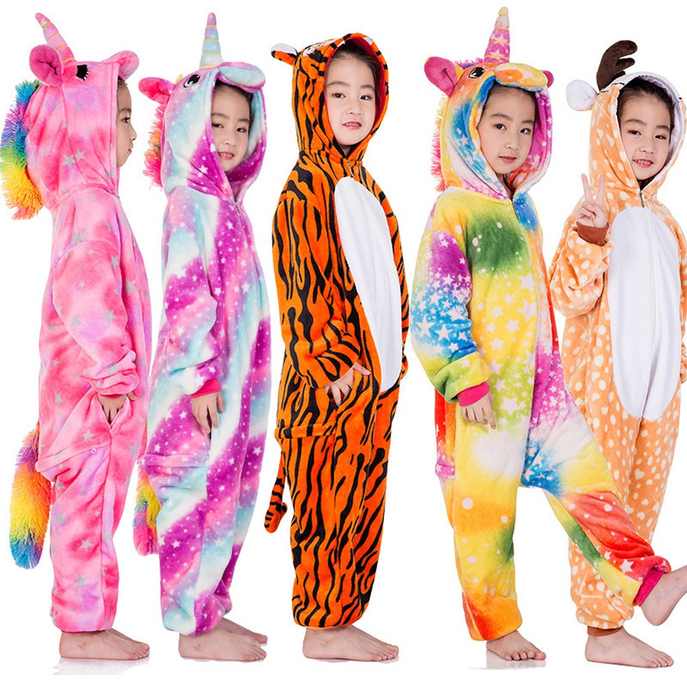 Winter Kigurumi Kigurumi Soft Warm Soft Flannel Pajamas Cartoon Animal Hooded Pajamas Boys Unicorn Pajamas Girls Kids Sleepwear