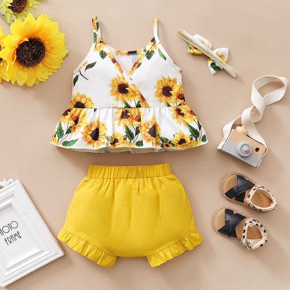 Baby Summer Clothes 0-3Y Baby Kids Baby Girls Clothes Yellow Sunflower Tops T-shirt Floral Bow Pants 3pcs Outfits Set