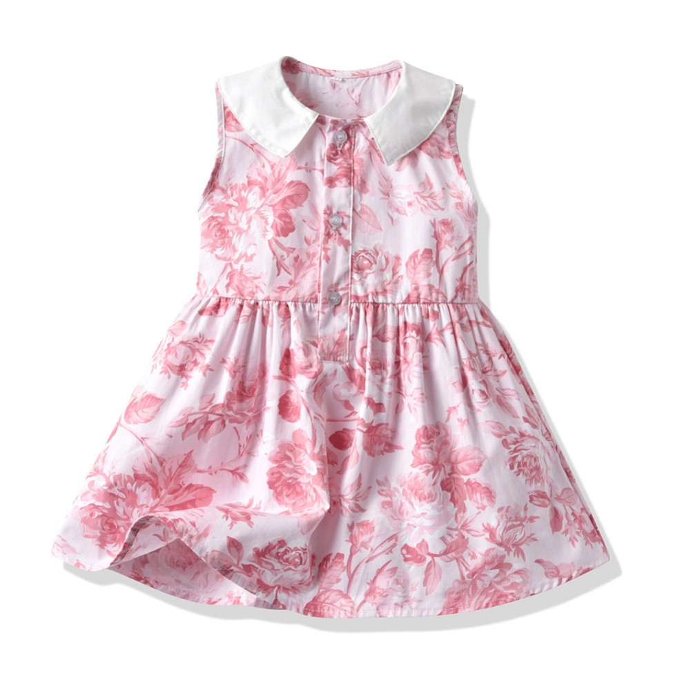 Baby Girls Floral Dress Baby Buttons Princess Dress Sleeveless Peter Pan Collar Bohemian Sundress 2-7 Years Kids