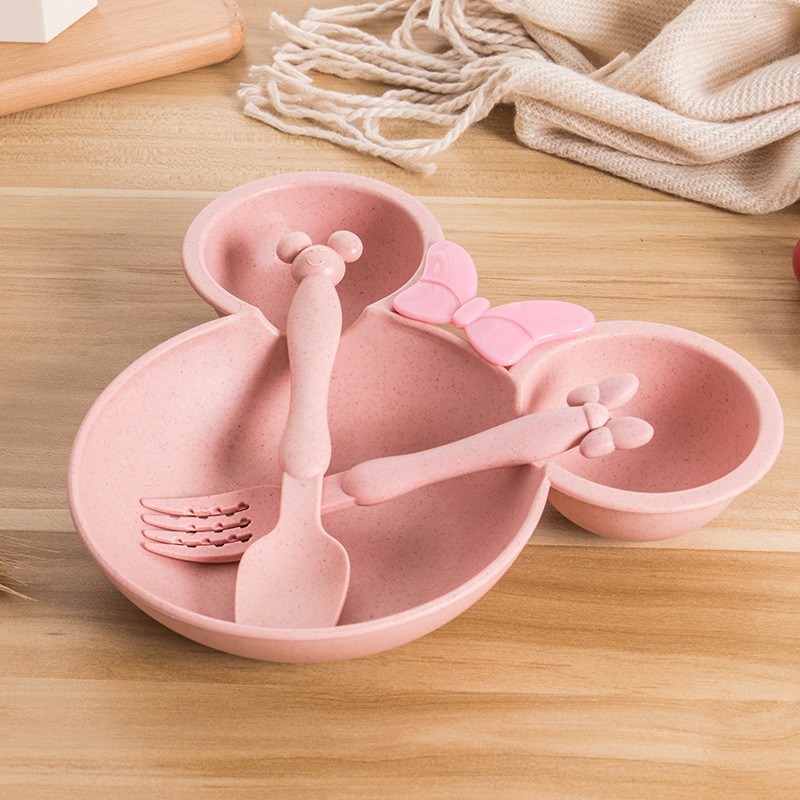 3pcs Wheat Straw Baby Cartoon Tableware Set Dishes Children Kids Dinner Platos Baby Feeding Training Plate Bowl Spoon Fork