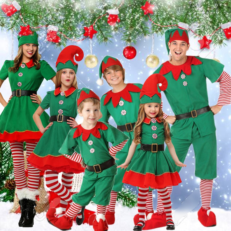 Family Matching Mother Dad Green Elf Christmas Costume Festival Santa Boys Suit New Year Kids Clothes for Girls Christmas Party Dress