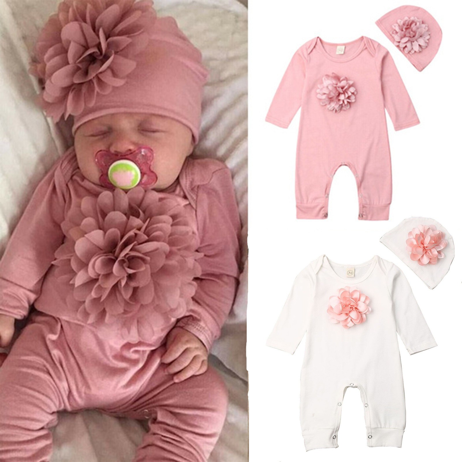 Newborn Baby Long Sleeve Romper 3D Floral Baby Onesie Jumpsuit Newborn Baby Clothes Set Hat Clothes Set