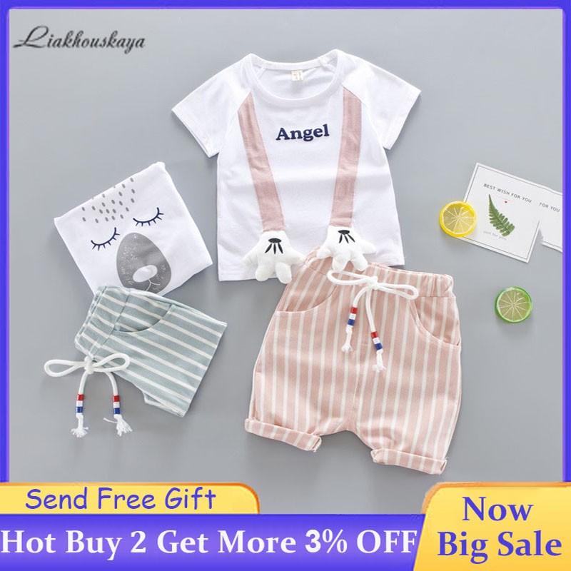 Baby clothes set summer cute cartoon bear printing cotton T-shirt + stripe lace elastic waist shorts boys girls casual 2 piece suit