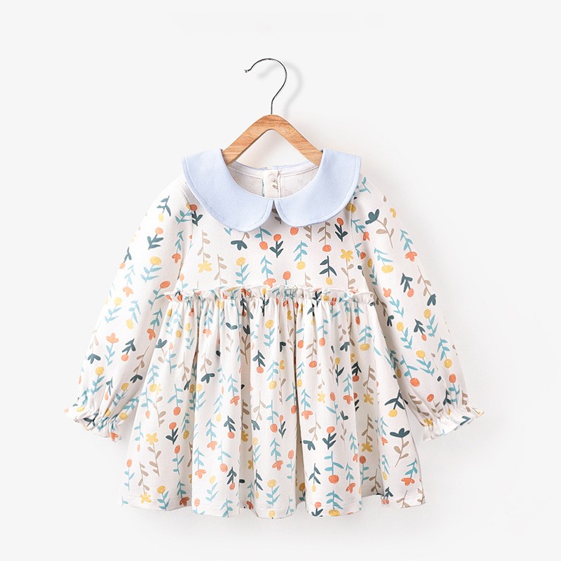 Baby Girls Spring Autumn Flower Printed Dresses Turn-down Collar Dress for Kids Children