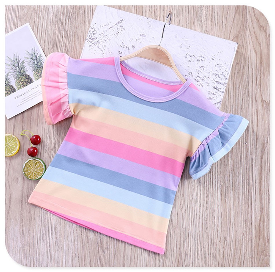 Girls Striped T-Shirt 2021 New Korean Baby Fashion Rainbow Shirts With Ruffle Sleeves Children All-match Tees 12M-8T JYF