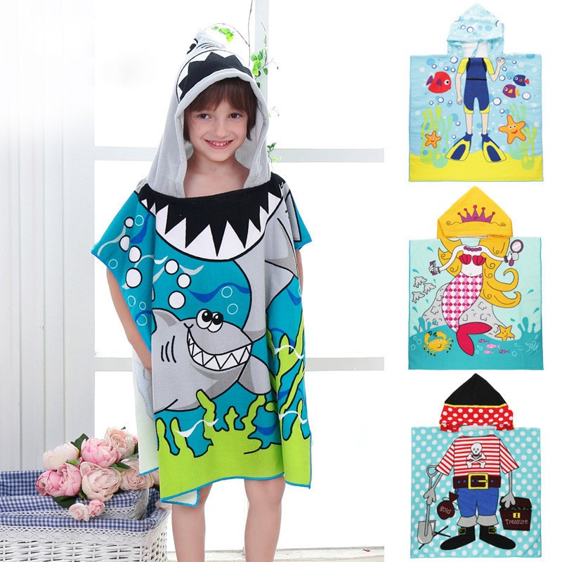 Children Cartoon Baby Hooded Cloak Beach Towel Boys Girls Kids Swimming Bath Towel Microfiber Terry Infant Bathing Wrap Bathrobe