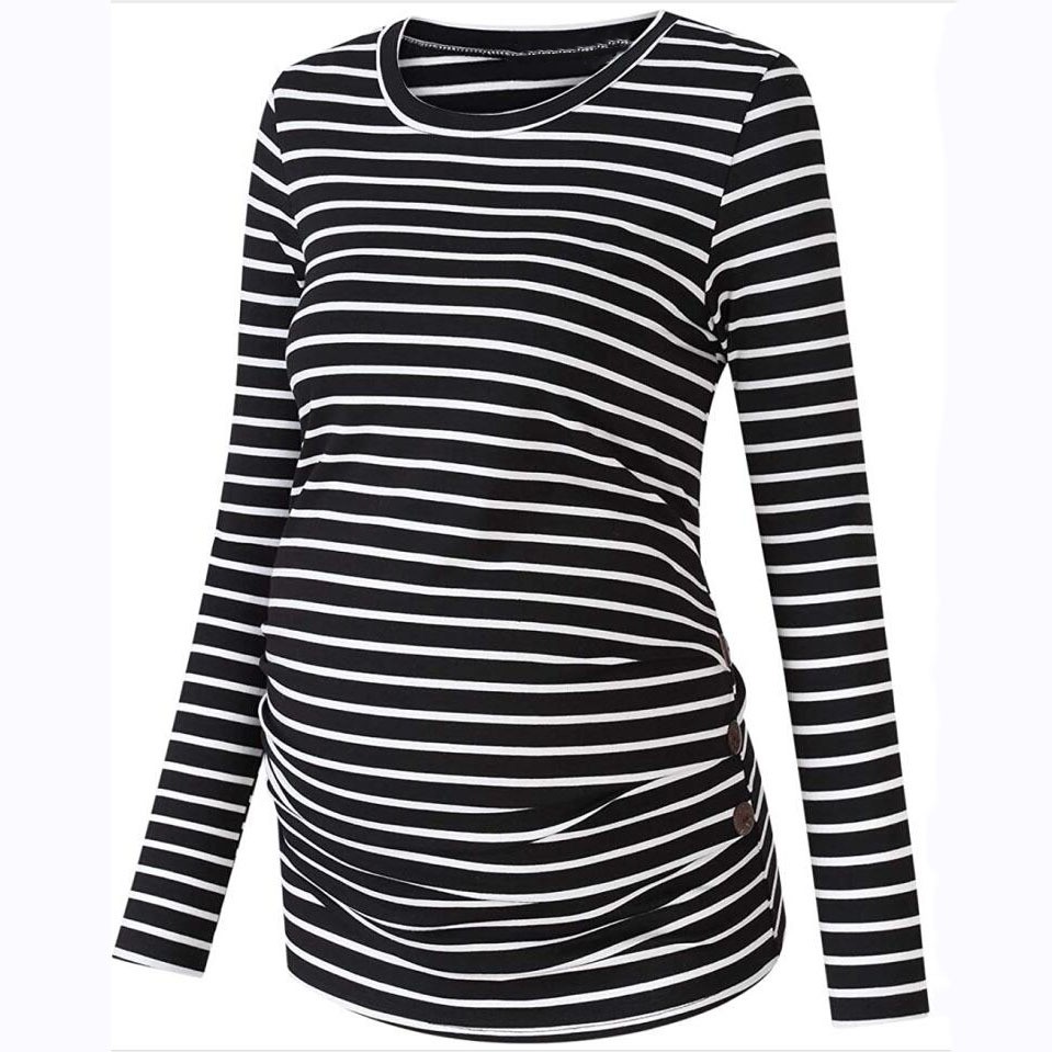 Maternity Pregnant Mother Striped T-shirt Long Sleeve Nursing Clothes Autumn Simple Fashion Round Neck Tops Breastfeeding Clothes