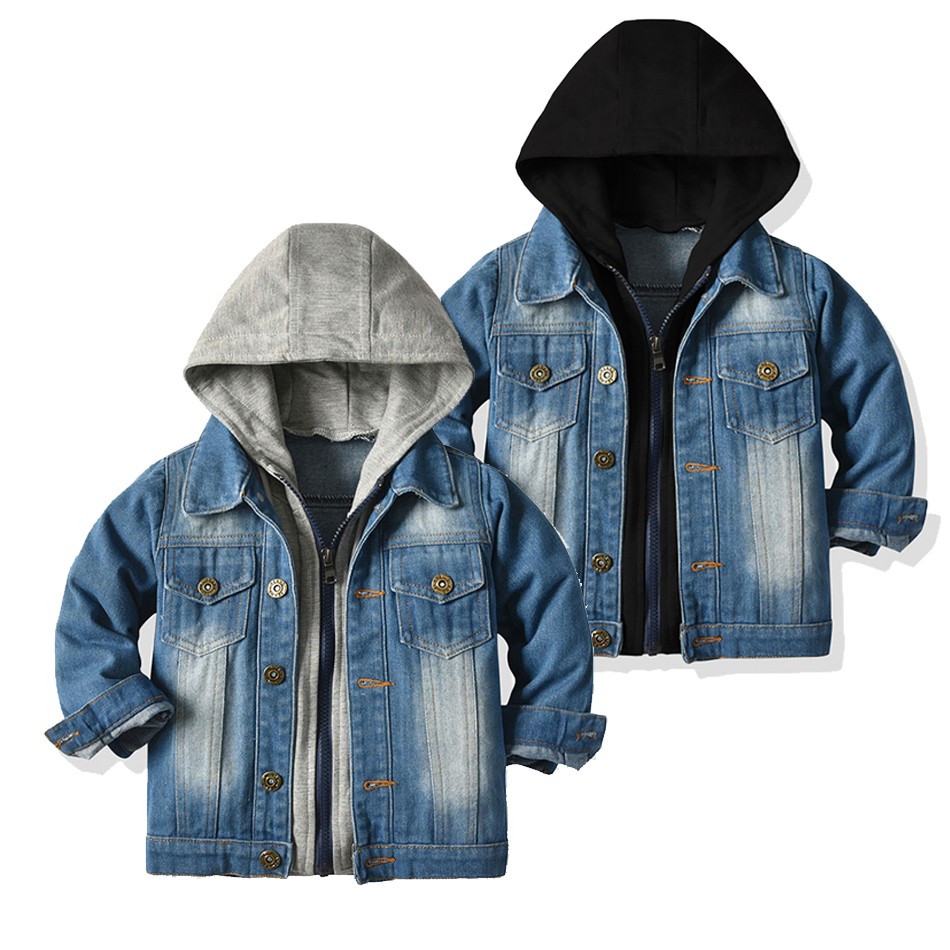 Kids Boys Girls Denim Hooded Jackets Casual Fake Two Jacket Coat Children Cowboy Zipper Outerwear JYF