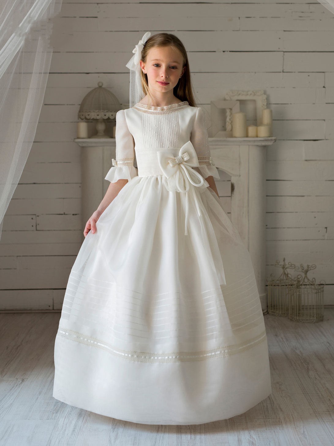 New Ivory First Communion Half Sleeve Satin Beige Stripes Princess Communion Dress With Bow